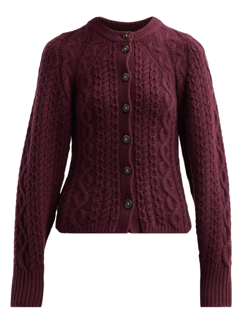 Women's Cable Sculpted Cashmere-Wool Crewneck Cardigan Women's Cable Sculpted Cashmere-Wool Crewneck Cardigan