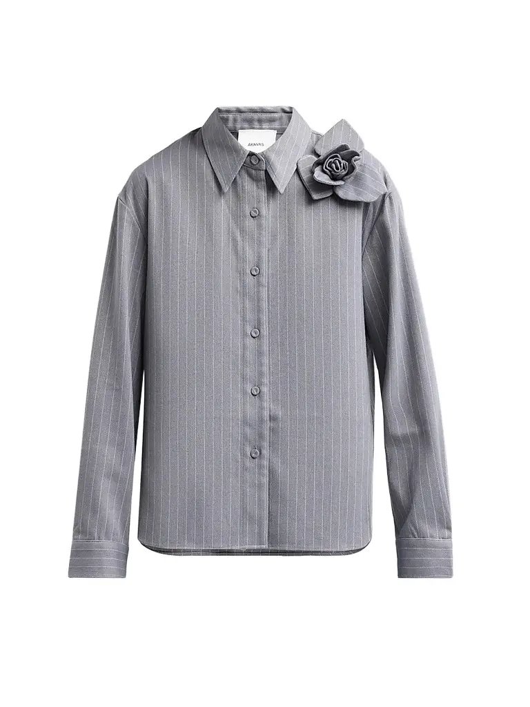 Aknvas Women's Flor 3D Rose Pinstripe Top - Grey White | Image 1 Aknvas Women's Flor 3D Rose Pinstripe Top - Grey White | Image 1