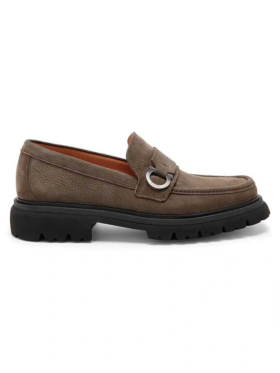 Ferragamo Men's Andover Suede Lug Sole Loafers - Elefante | Image 1 Ferragamo Men's Andover Suede Lug Sole Loafers - Elefante | Image 1