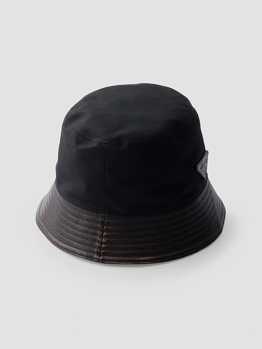 Prada Men's Technical Cotton and Leather Bucket Hat | Thumbnail 3 Prada Men's Technical Cotton and Leather Bucket Hat | Thumbnail 3