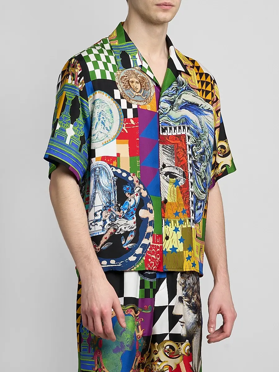 Versace Men's Medusa Collage Silk Twill Camp Shirt | Thumbnail 4 Versace Men's Medusa Collage Silk Twill Camp Shirt | Thumbnail 4