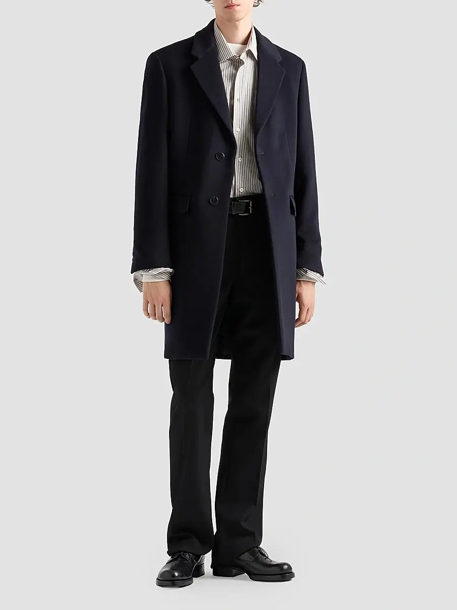 Prada Men's Single-Breasted Wool and Cashmere Coat - Blue | Thumbnail 2 Prada Men's Single-Breasted Wool and Cashmere Coat - Blue | Thumbnail 2