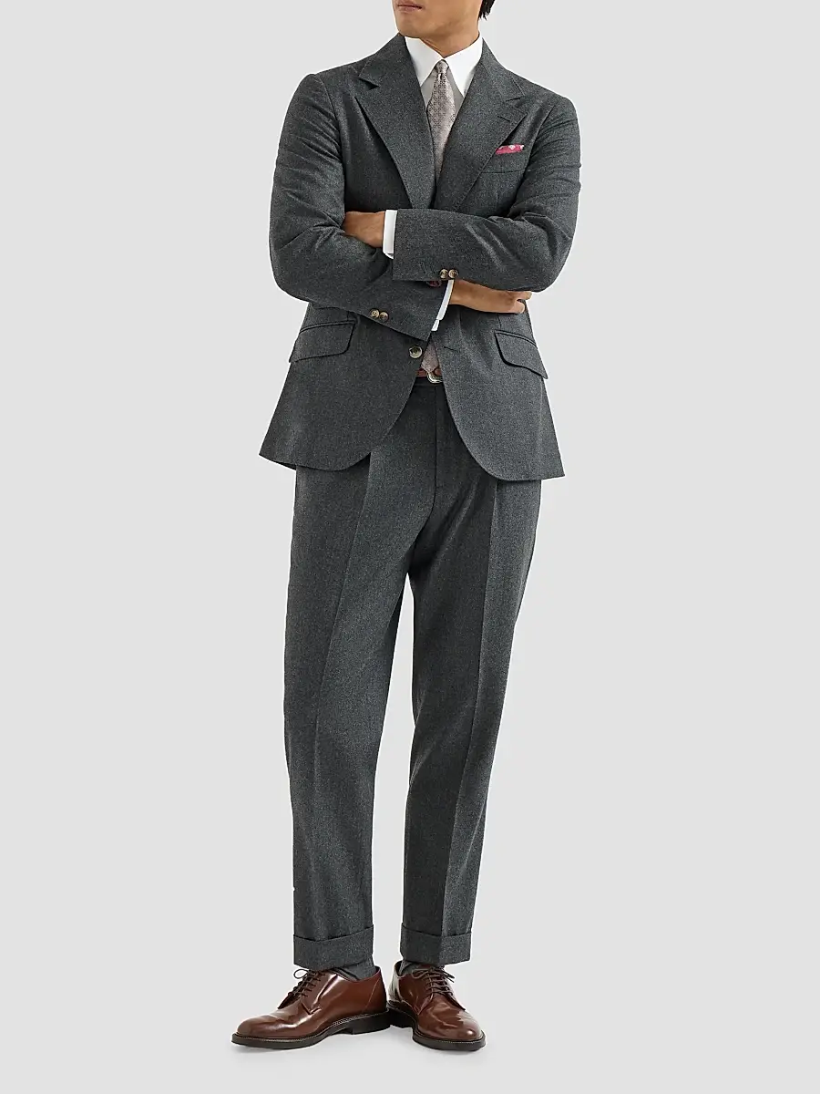 Brunello Cucinelli Men's Virgin Wool Flannel Trousers with Pleats - Dark Grey | Thumbnail 2 Brunello Cucinelli Men's Virgin Wool Flannel Trousers with Pleats - Dark Grey | Thumbnail 2
