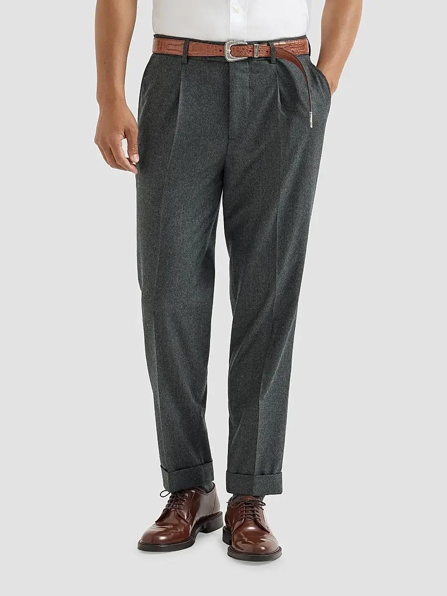 Brunello Cucinelli Men's Virgin Wool Flannel Trousers with Pleats - Dark Grey | Thumbnail 3 Brunello Cucinelli Men's Virgin Wool Flannel Trousers with Pleats - Dark Grey | Thumbnail 3