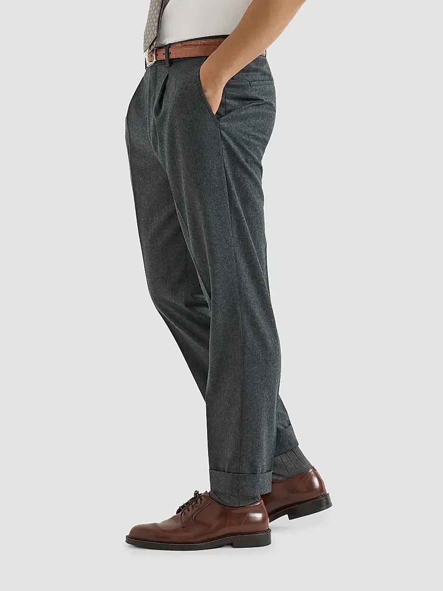 Brunello Cucinelli Men's Virgin Wool Flannel Trousers with Pleats - Dark Grey | Thumbnail 4 Brunello Cucinelli Men's Virgin Wool Flannel Trousers with Pleats - Dark Grey | Thumbnail 4