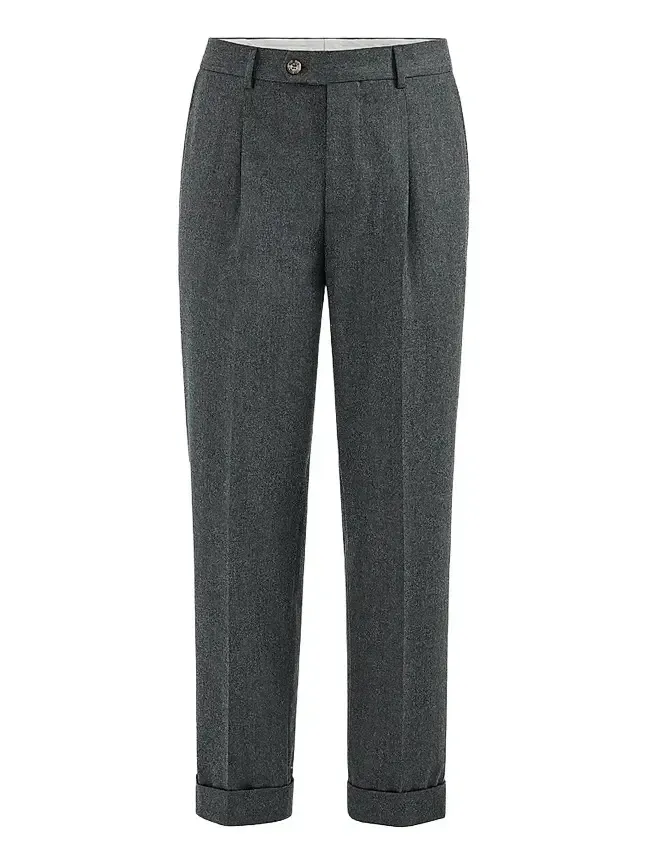 Brunello Cucinelli Men's Virgin Wool Flannel Trousers with Pleats - Dark Grey