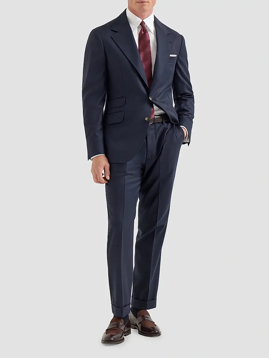 Brunello Cucinelli Men's Virgin Wool Flannel Trousers with Pleats - Navy Blue | Thumbnail 2