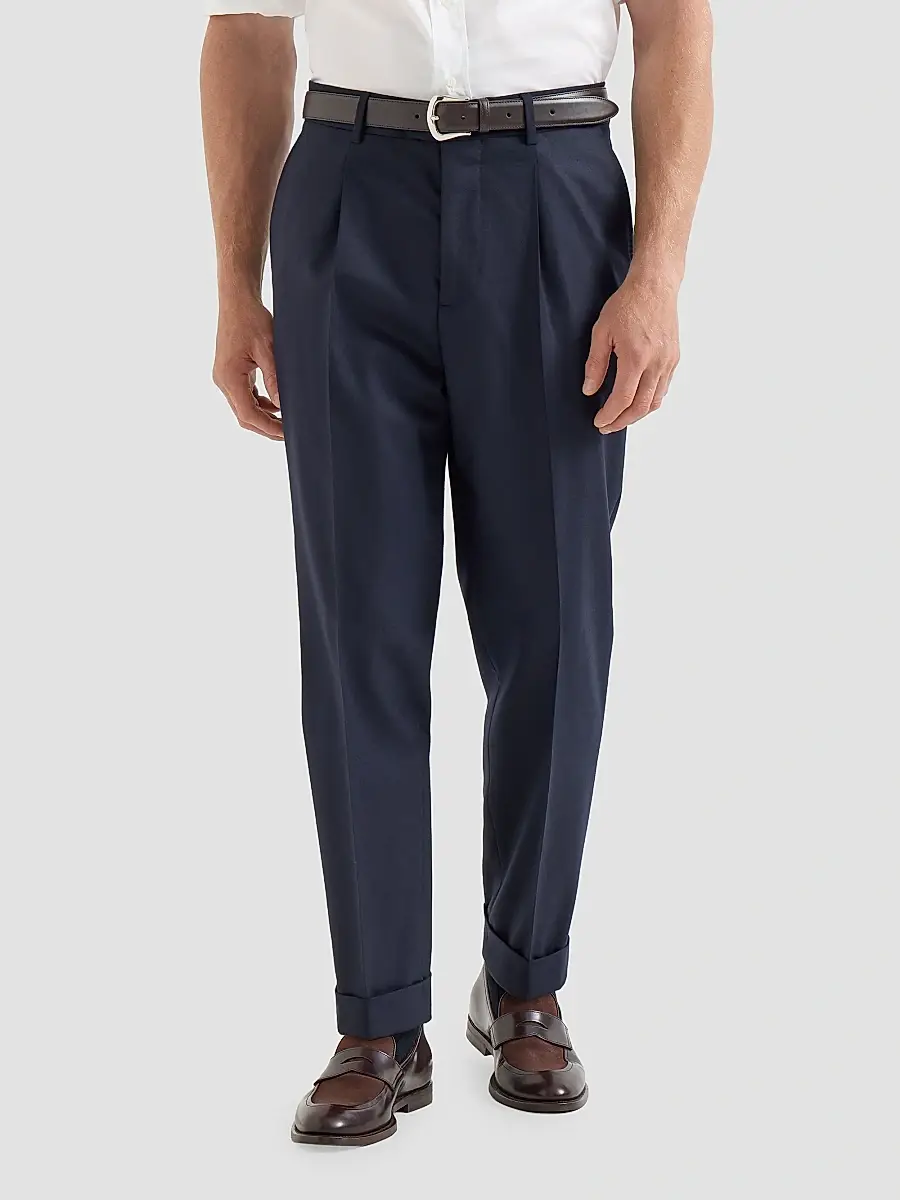 Brunello Cucinelli Men's Virgin Wool Flannel Trousers with Pleats - Navy Blue | Thumbnail 3