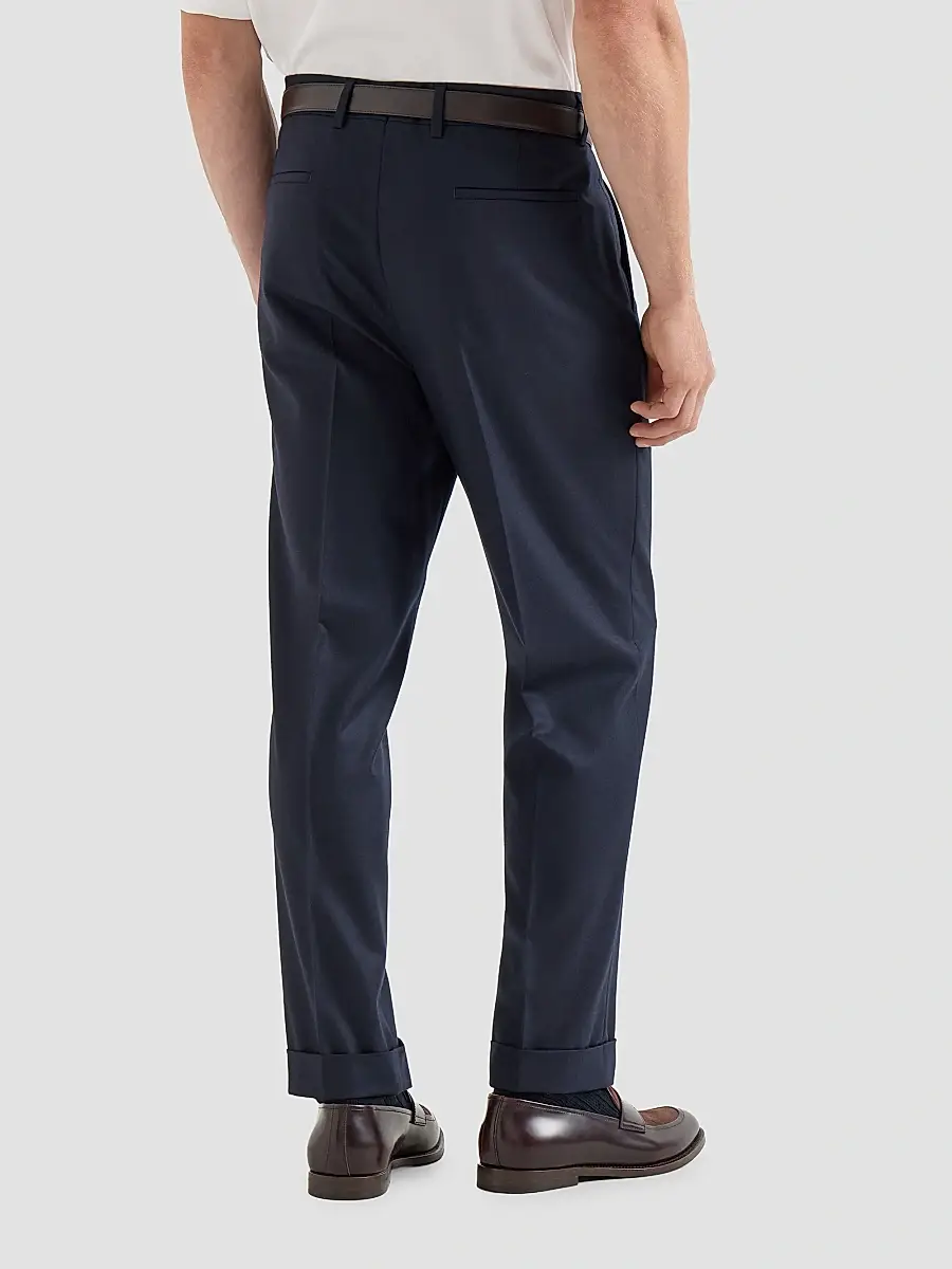 Brunello Cucinelli Men's Virgin Wool Flannel Trousers with Pleats - Navy Blue | Thumbnail 4