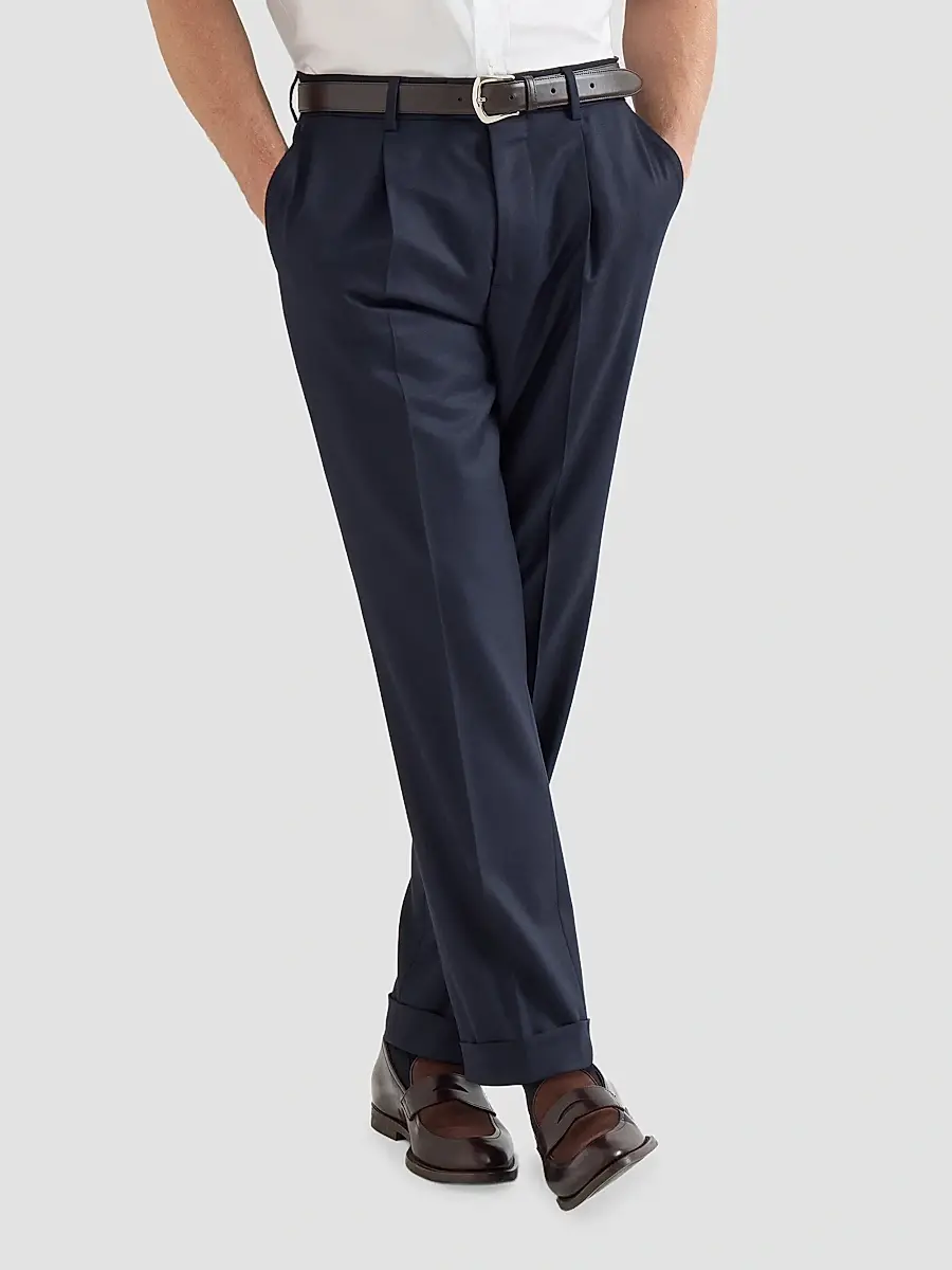 Brunello Cucinelli Men's Virgin Wool Flannel Trousers with Pleats - Navy Blue | Thumbnail 5