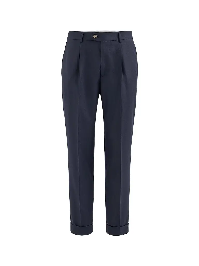 Brunello Cucinelli Men's Virgin Wool Flannel Trousers with Pleats - Navy Blue