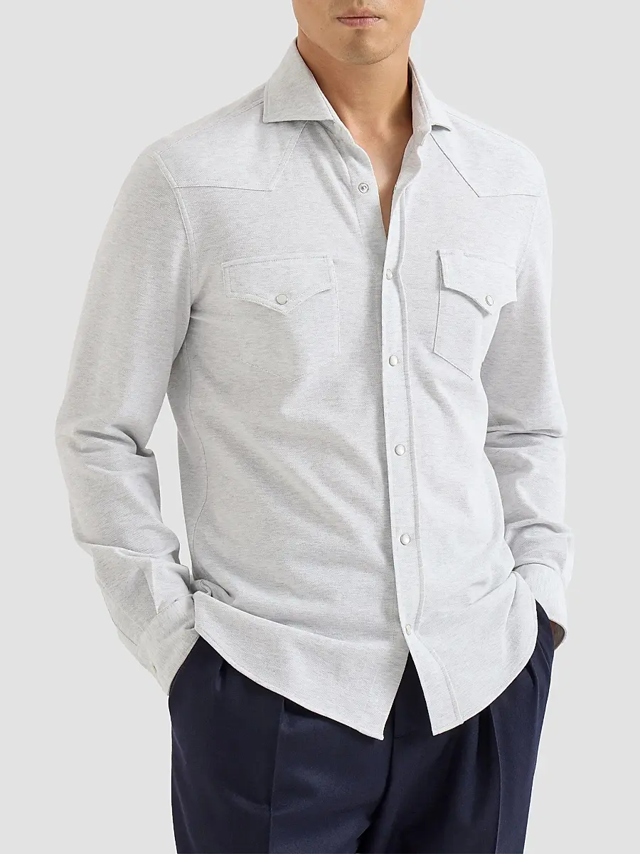 Brunello Cucinelli Men's Cotton Piqué Western Shirt | Thumbnail 2