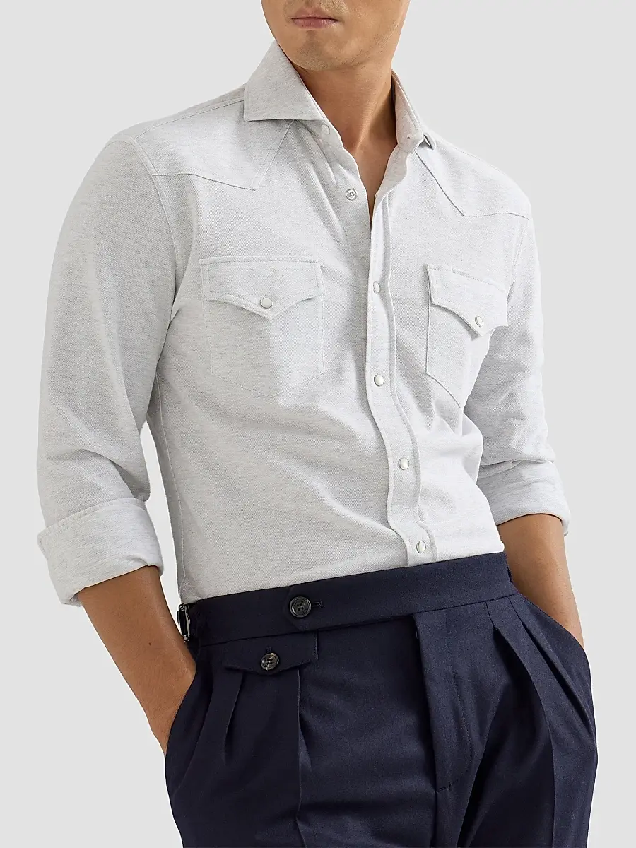 Brunello Cucinelli Men's Cotton Piqué Western Shirt | Thumbnail 4