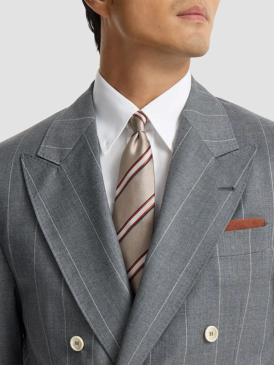 Brunello Cucinelli Men's Regimental Stripe Silk and Cotton Tie - Earth | Thumbnail 2 Brunello Cucinelli Men's Regimental Stripe Silk and Cotton Tie - Earth | Thumbnail 2
