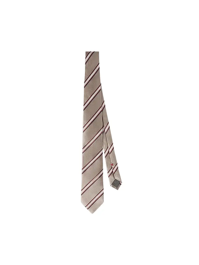 Brunello Cucinelli Men's Regimental Stripe Silk and Cotton Tie - Earth | Image 1 Brunello Cucinelli Men's Regimental Stripe Silk and Cotton Tie - Earth | Image 1