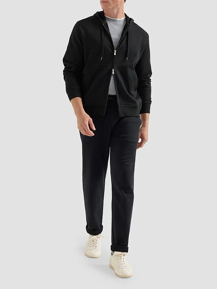 Brunello Cucinelli Men's Techno Cotton French Terry Hooded Sweatshirt with Zipper - Black | Thumbnail 2