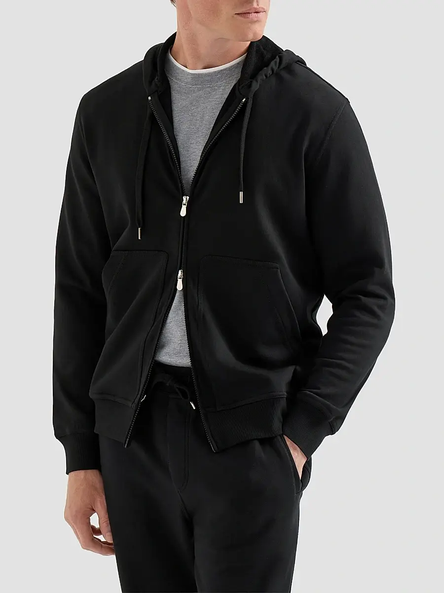 Brunello Cucinelli Men's Techno Cotton French Terry Hooded Sweatshirt with Zipper - Black | Thumbnail 3