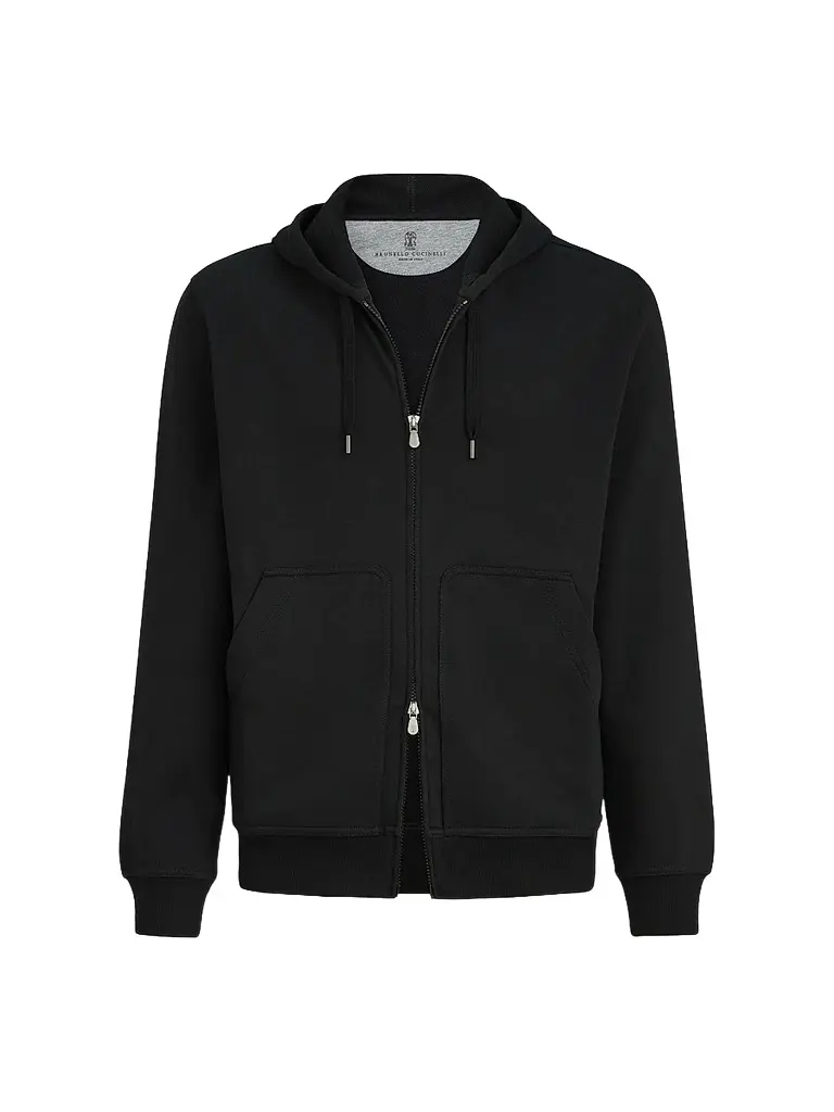 Brunello Cucinelli Men's Techno Cotton French Terry Hooded Sweatshirt with Zipper - Black