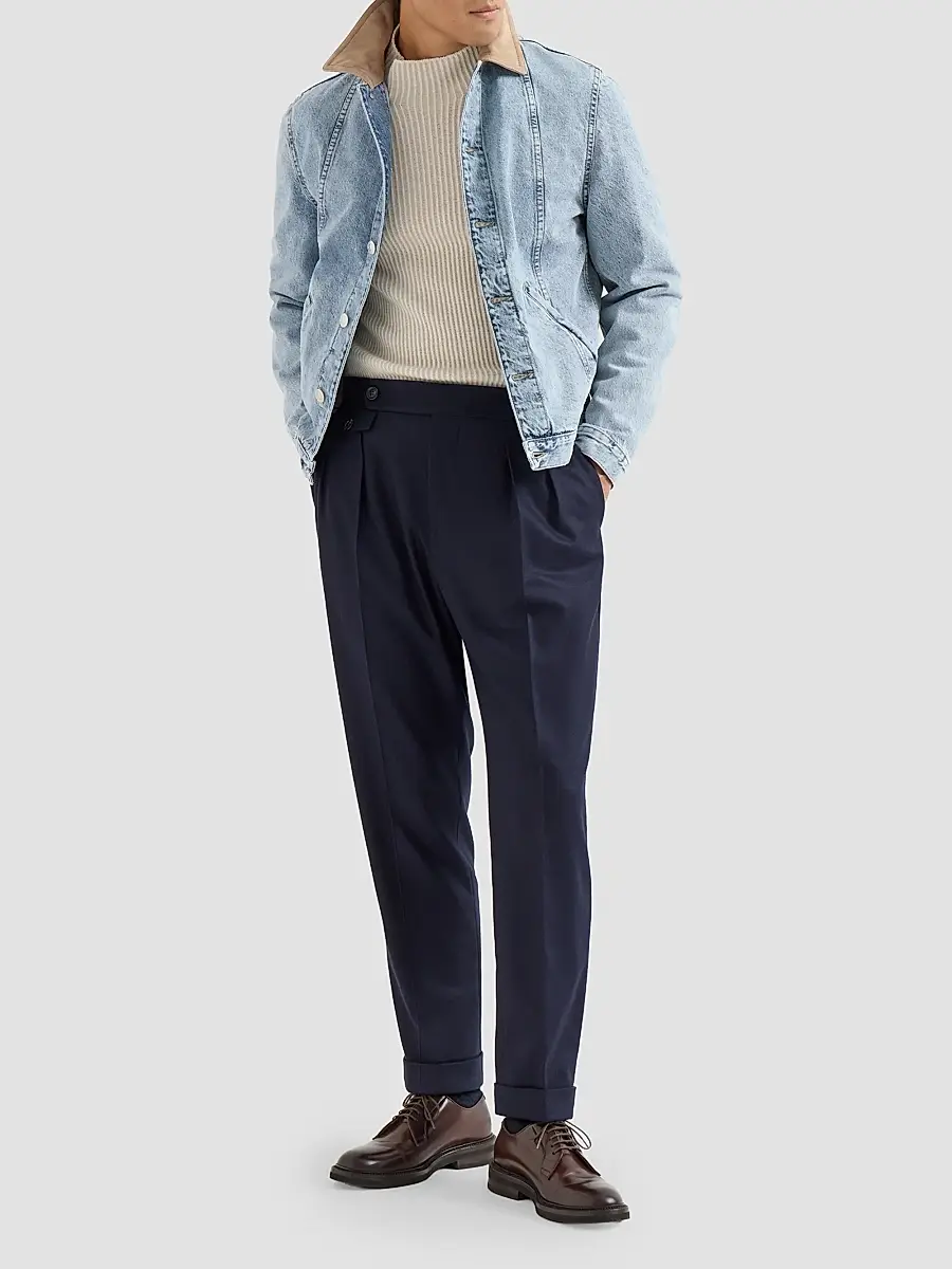 Brunello Cucinelli Men's Denim Outerwear Jacket with Suede Collar - Light Denim | Thumbnail 2 Brunello Cucinelli Men's Denim Outerwear Jacket with Suede Collar - Light Denim | Thumbnail 2