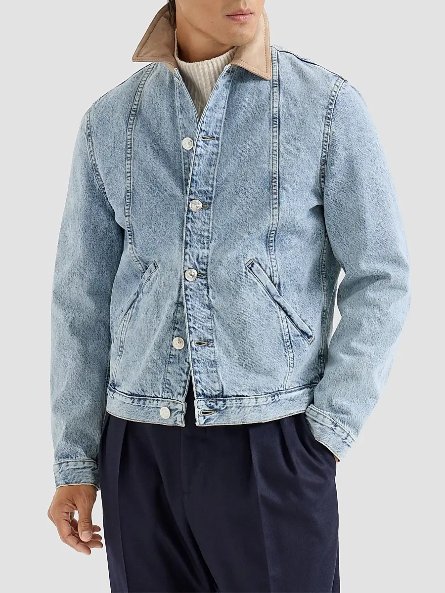 Brunello Cucinelli Men's Denim Outerwear Jacket with Suede Collar - Light Denim | Thumbnail 3 Brunello Cucinelli Men's Denim Outerwear Jacket with Suede Collar - Light Denim | Thumbnail 3
