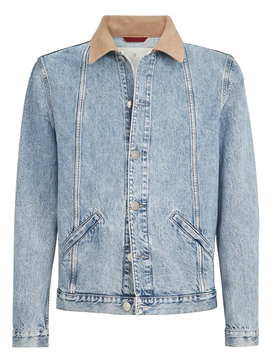 Brunello Cucinelli Men's Denim Outerwear Jacket with Suede Collar - Light Denim