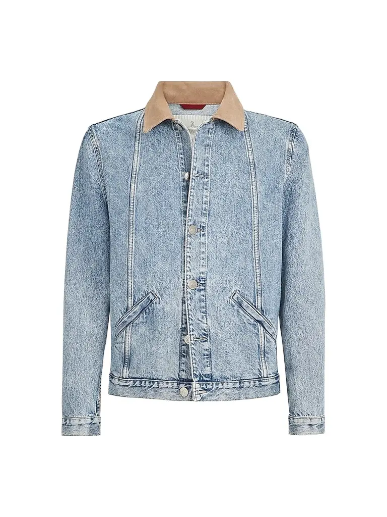 Brunello Cucinelli Men's Denim Outerwear Jacket with Suede Collar - Light Denim - Size 40 | Image 1 Brunello Cucinelli Men's Denim Outerwear Jacket with Suede Collar - Light Denim - Size 40 | Image 1
