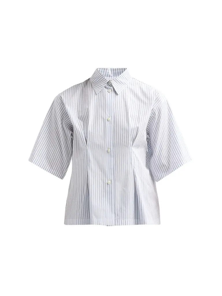Jil Sander Women's Pinstripe Cotton Poplin Short-Sleeve Shirt - Artic Sea | Image 1 Jil Sander Women's Pinstripe Cotton Poplin Short-Sleeve Shirt - Artic Sea | Image 1