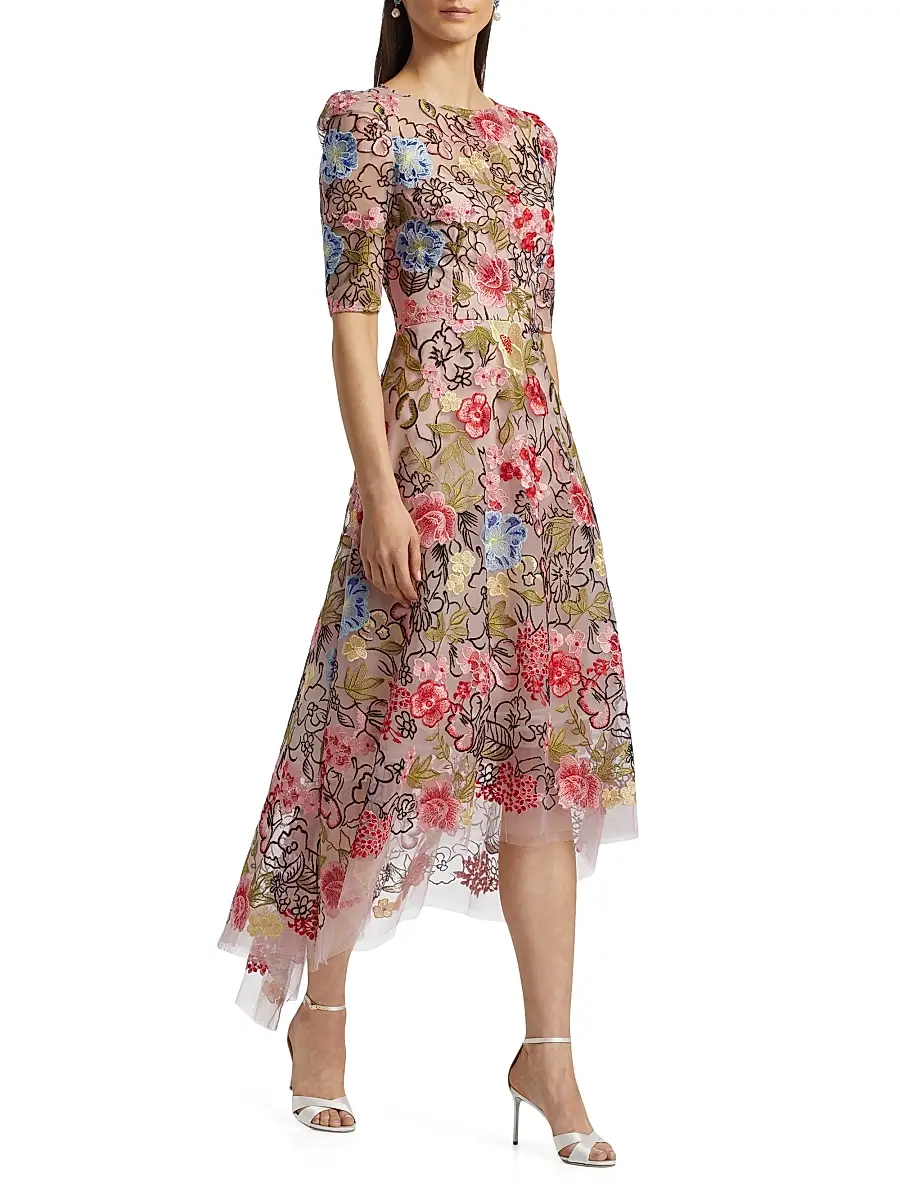 Teri Jon by Rickie Freeman Women's Floral Embroidery Mesh High-Low Midi-Dress | Thumbnail 2