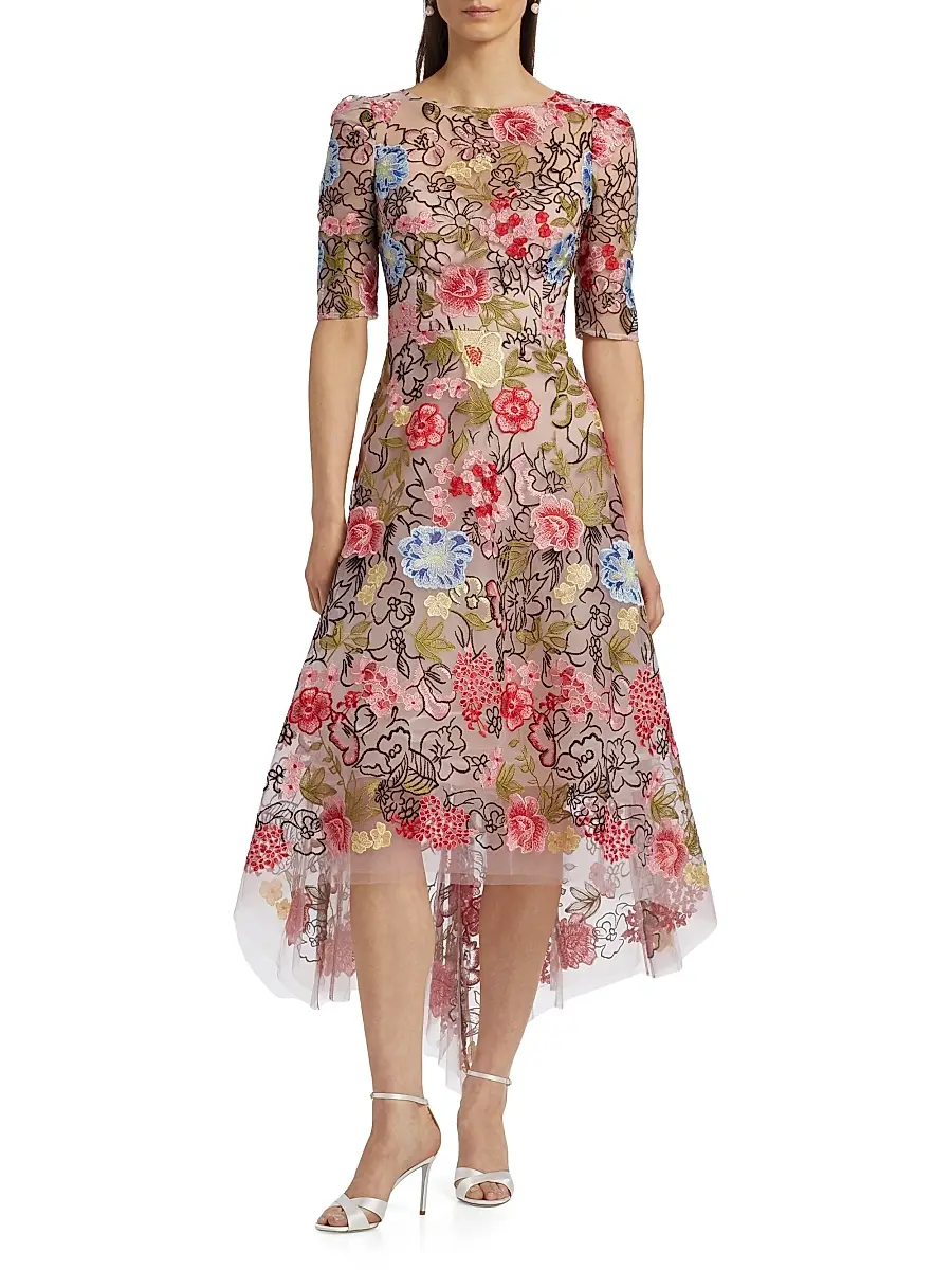 Teri Jon by Rickie Freeman Women's Floral Embroidery Mesh High-Low Midi-Dress | Thumbnail 3