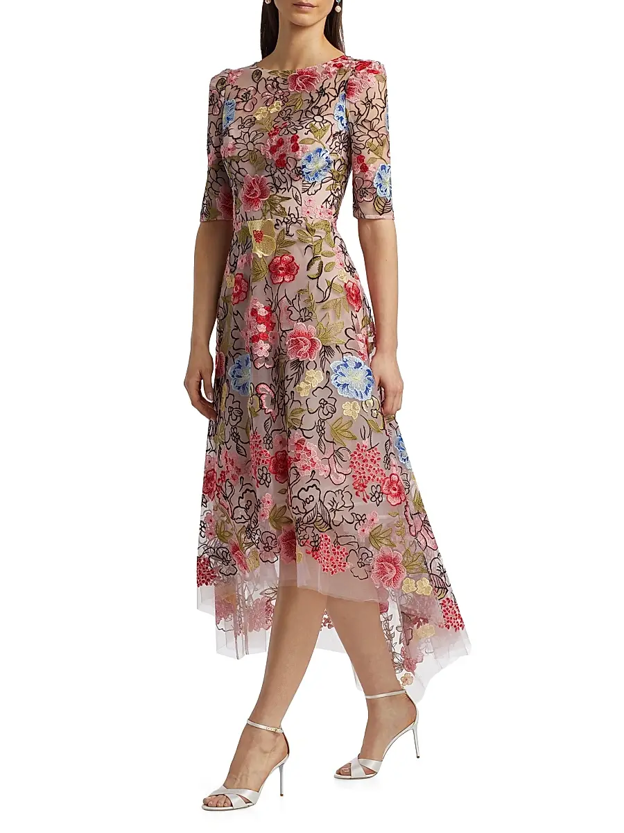 Teri Jon by Rickie Freeman Women's Floral Embroidery Mesh High-Low Midi-Dress | Thumbnail 4