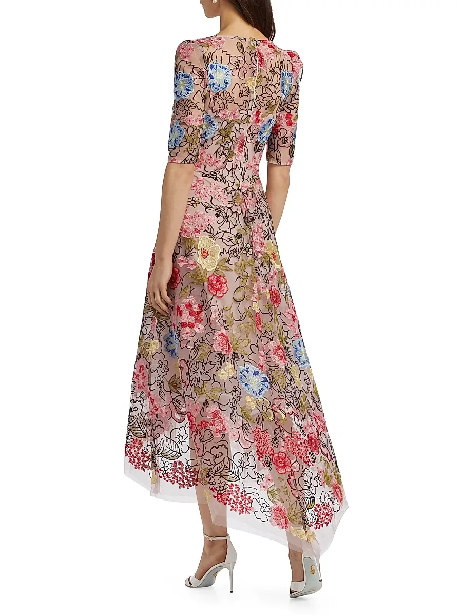 Teri Jon by Rickie Freeman Women's Floral Embroidery Mesh High-Low Midi-Dress | Thumbnail 5