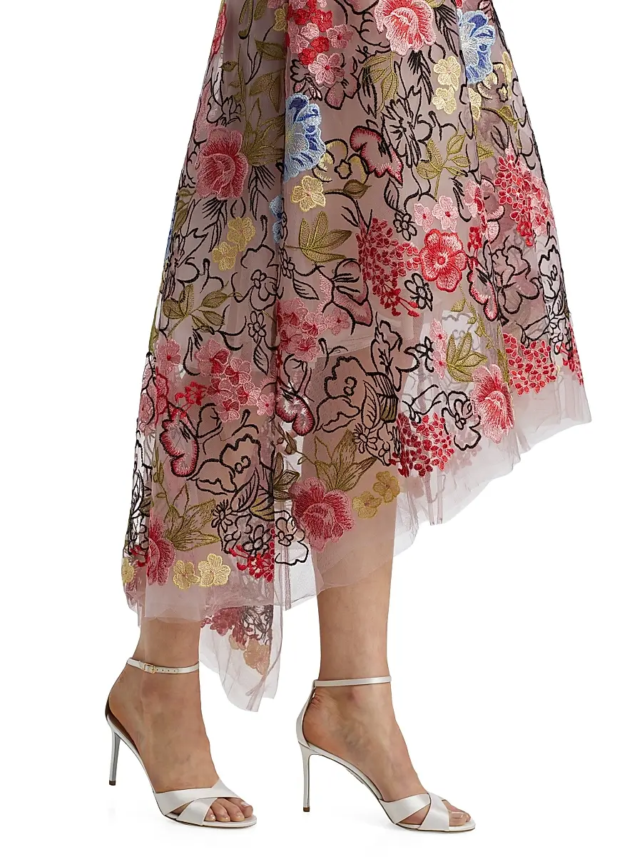Teri Jon by Rickie Freeman Women's Floral Embroidery Mesh High-Low Midi-Dress | Thumbnail 6