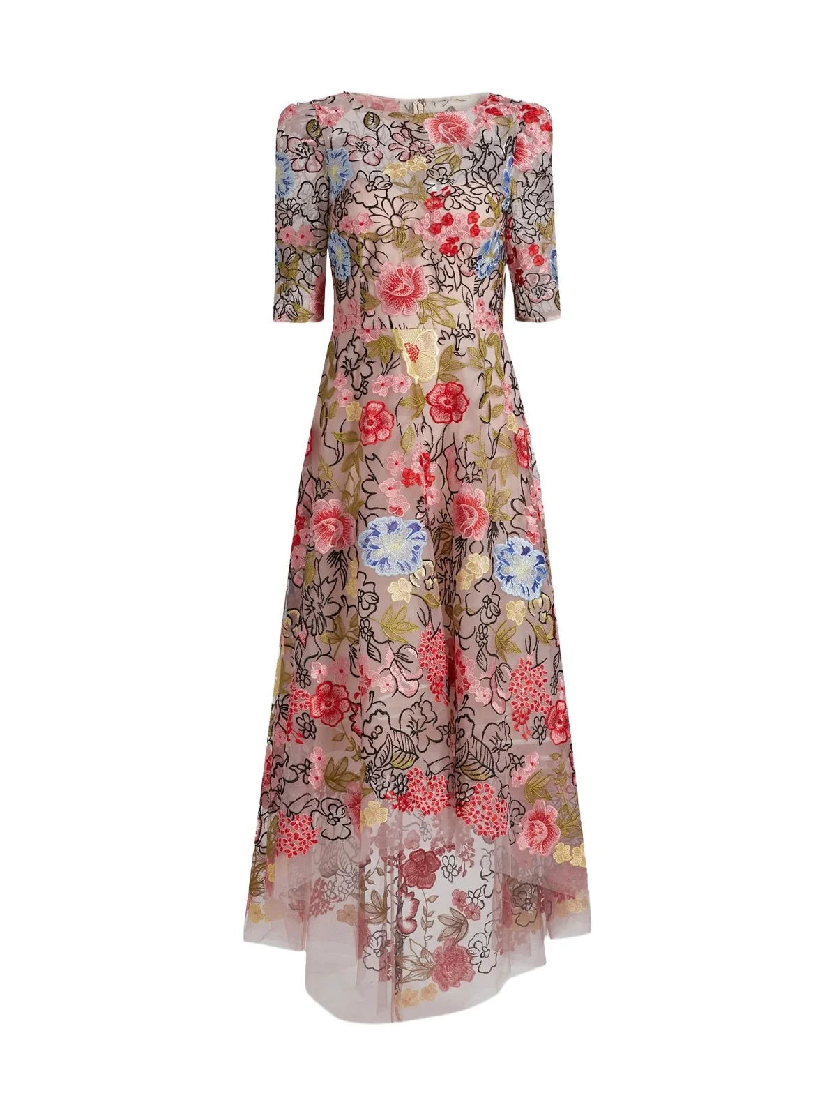 Teri Jon by Rickie Freeman Women's Floral Embroidery Mesh High-Low Midi-Dress