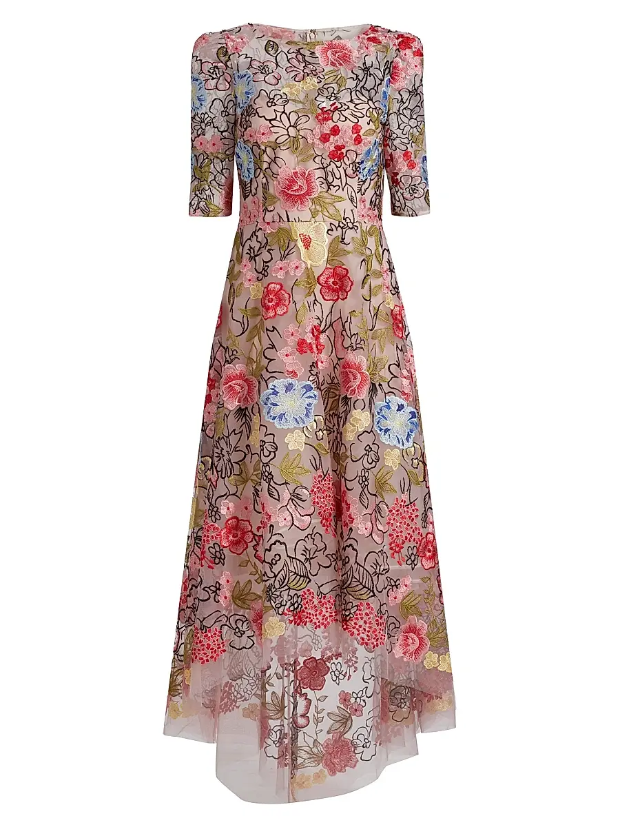 Teri Jon by Rickie Freeman Women's Floral Embroidery Mesh High-Low Midi-Dress