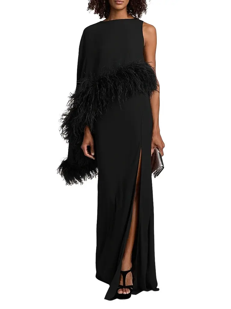 Lapointe Women's Georgette Feather-Trimmed Asymmetric Draped Gown | Thumbnail 3 Lapointe Women's Georgette Feather-Trimmed Asymmetric Draped Gown | Thumbnail 3