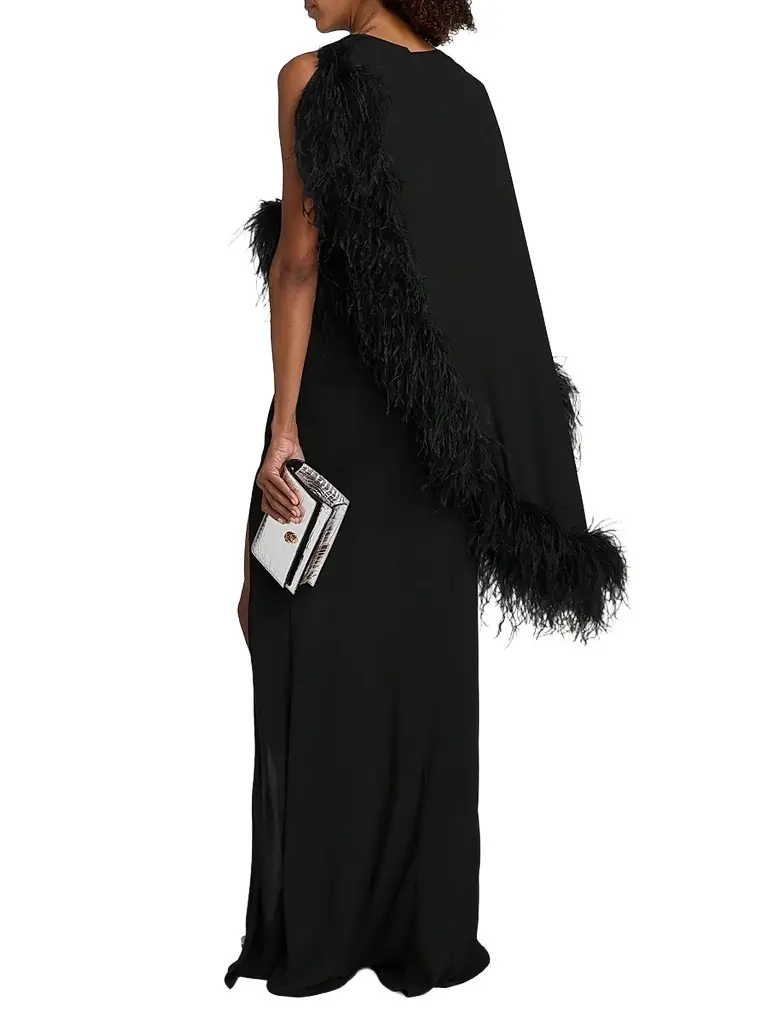 Lapointe Women's Georgette Feather-Trimmed Asymmetric Draped Gown | Thumbnail 5 Lapointe Women's Georgette Feather-Trimmed Asymmetric Draped Gown | Thumbnail 5