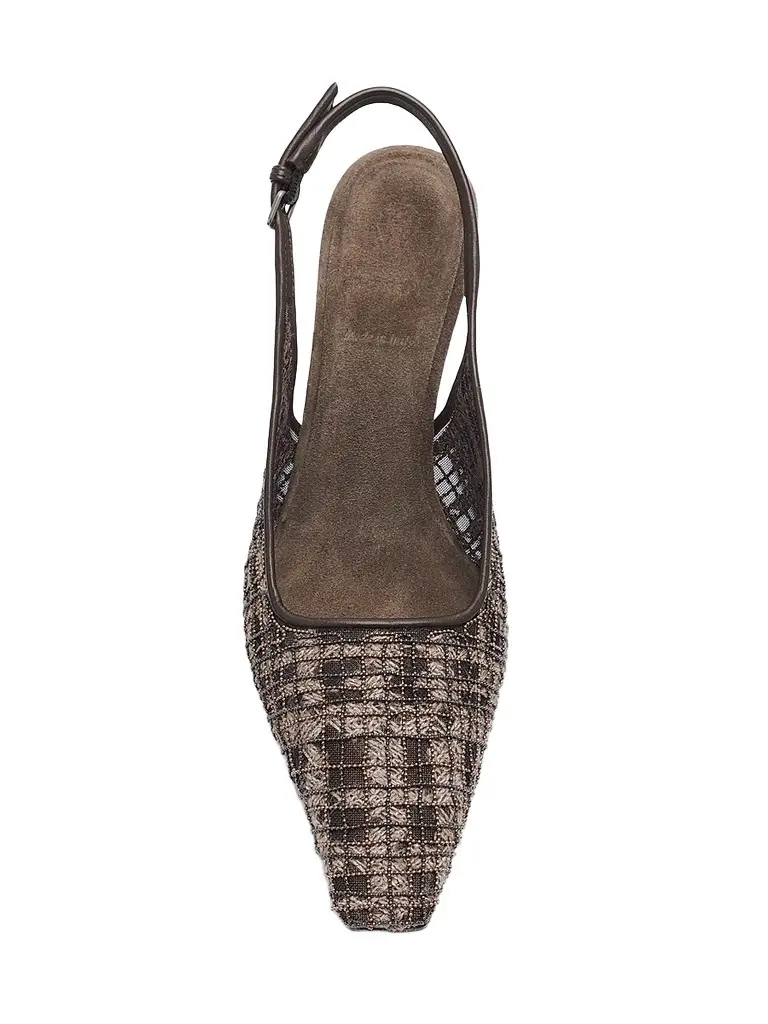 Brunello Cucinelli Women's Monili-Embroidered Check Slingback Pumps | Thumbnail 3 Brunello Cucinelli Women's Monili-Embroidered Check Slingback Pumps | Thumbnail 3