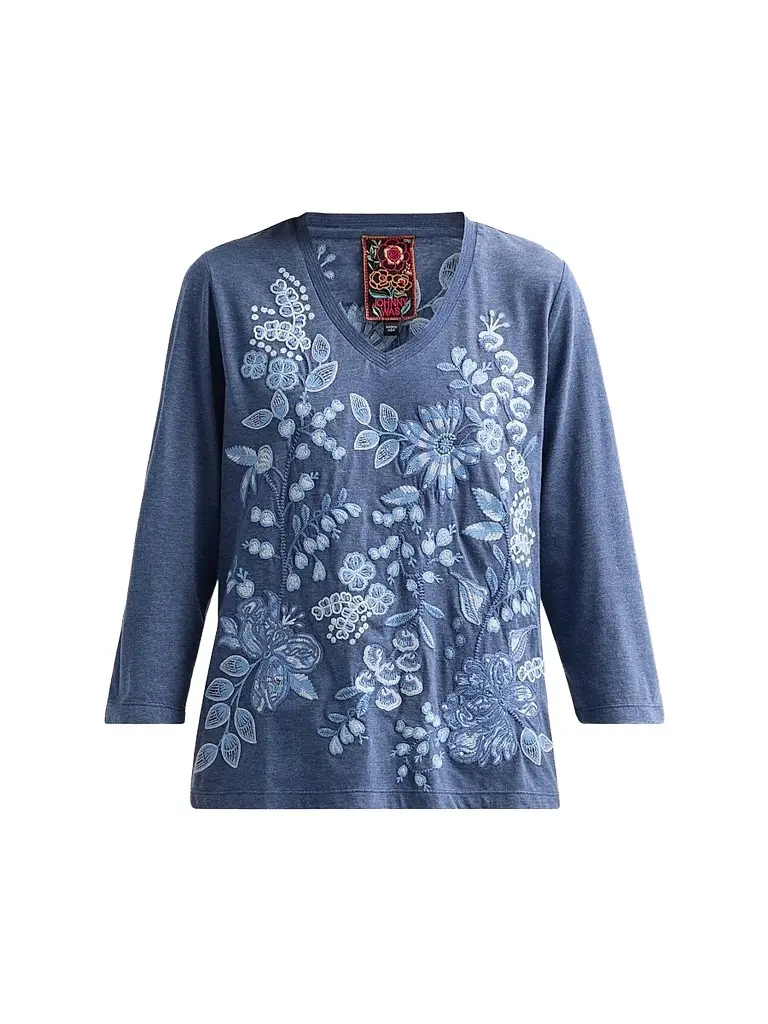 Johnny Was Women's Sarai Floral-Embroidered Cotton T-Shirt - Wash Navy - Size XL | Image 1 Johnny Was Women's Sarai Floral-Embroidered Cotton T-Shirt - Wash Navy - Size XL | Image 1