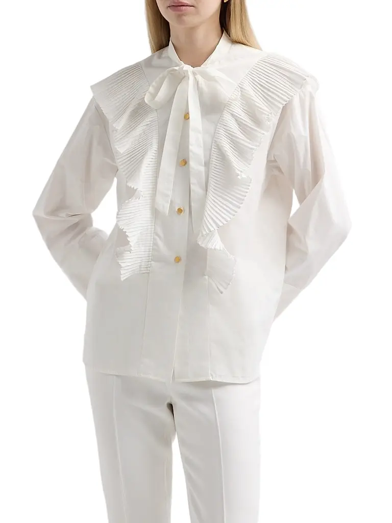 Alberta Ferretti Women's Pleated Ruffle Neck-Tie Cotton Blouse | Thumbnail 4 Alberta Ferretti Women's Pleated Ruffle Neck-Tie Cotton Blouse | Thumbnail 4