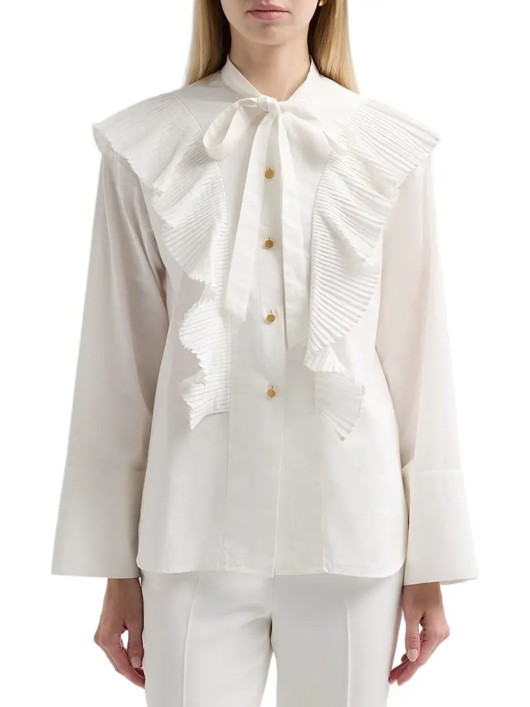 Alberta Ferretti Women's Pleated Ruffle Neck-Tie Cotton Blouse | Thumbnail 5 Alberta Ferretti Women's Pleated Ruffle Neck-Tie Cotton Blouse | Thumbnail 5