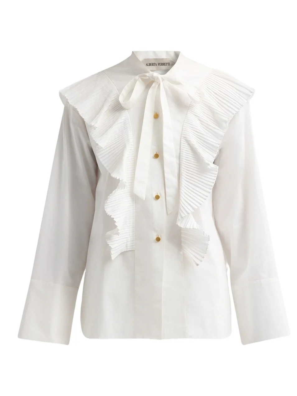 Alberta Ferretti Women's Pleated Ruffle Neck-Tie Cotton Blouse