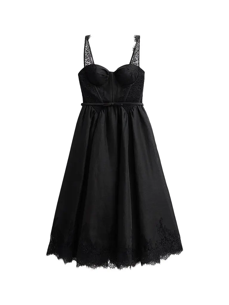 Zimmermann Women's Valiant Linen-Silk Lace-Trim Midi Dress - Black | Image 1 Zimmermann Women's Valiant Linen-Silk Lace-Trim Midi Dress - Black | Image 1