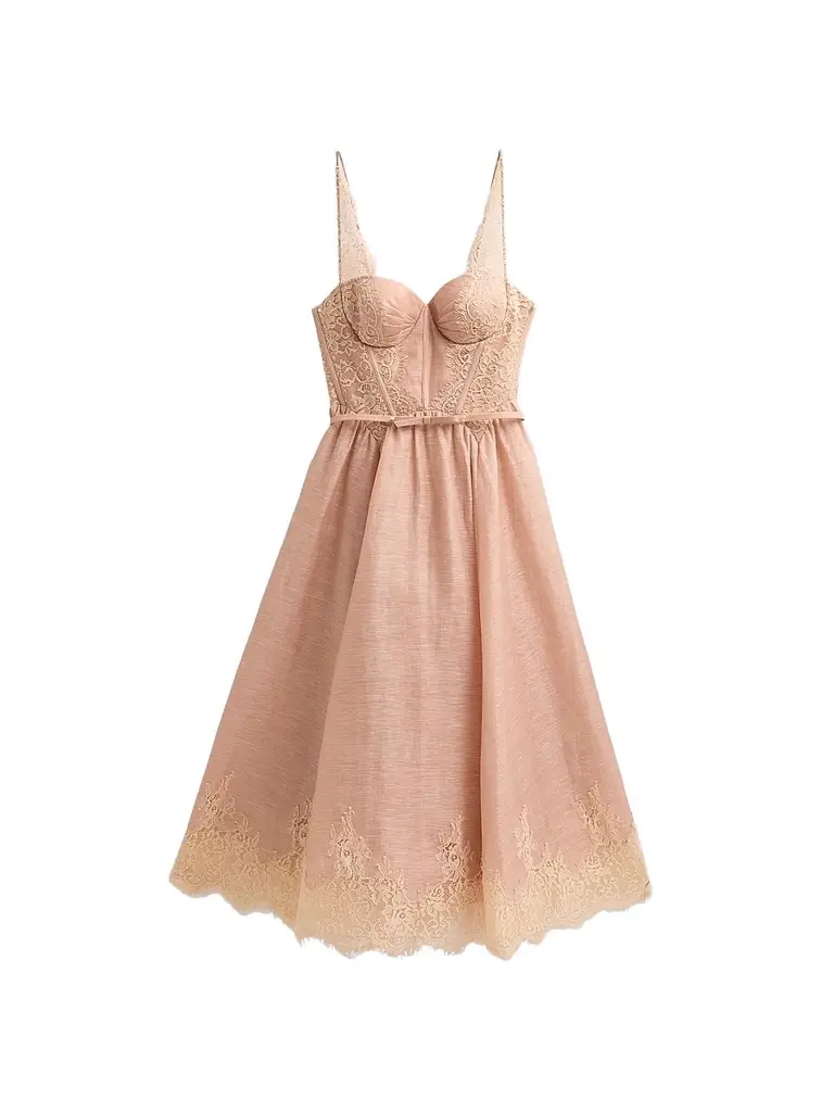 Zimmermann Women's Valiant Linen-Silk Lace-Trim Midi Dress - Light Pink | Image 1 Zimmermann Women's Valiant Linen-Silk Lace-Trim Midi Dress - Light Pink | Image 1