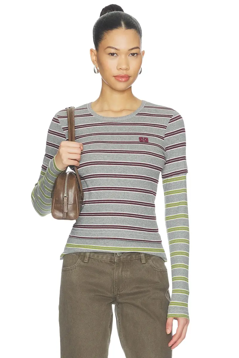 Ganni Soft Cotton Rib Long Sleeve Double Layer Top