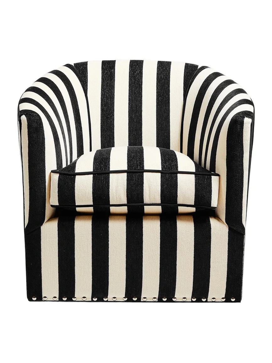 MacKenzie-Childs Marquee Black Stripe Chenille Swivel Chair
