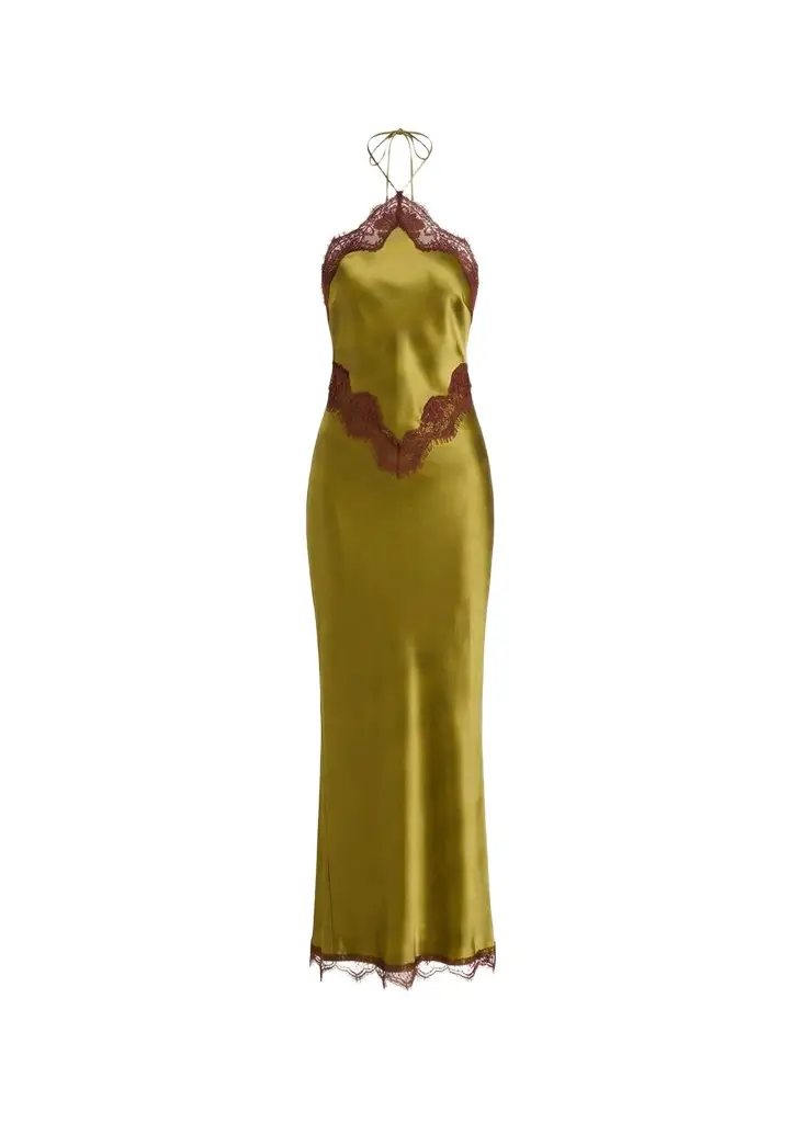 Retrofête Everly Lace-Trim Satin Halter Dress