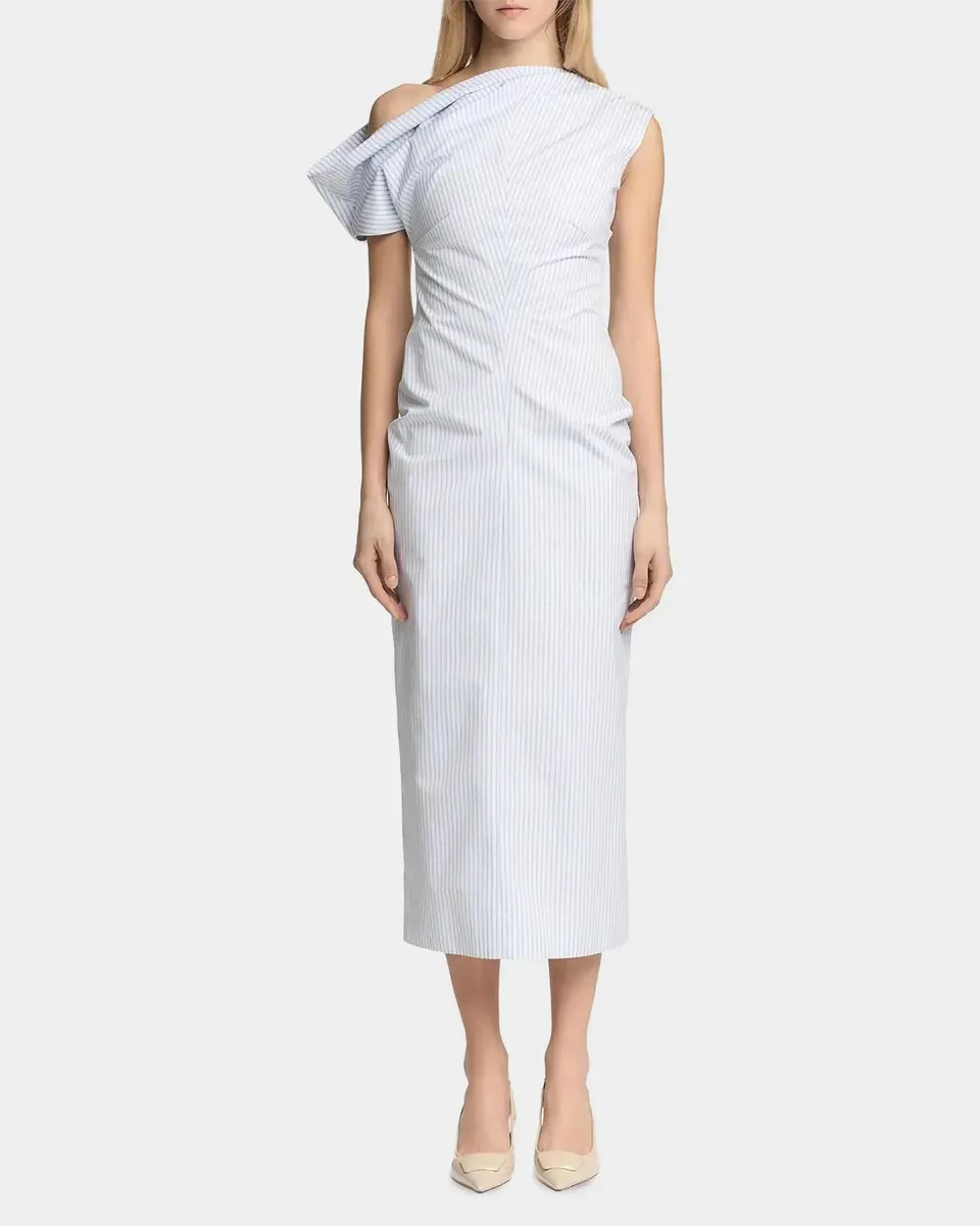 Malo Pinstriped Cotton Off-The-Shoulder Midi-Dress | Thumbnail 2