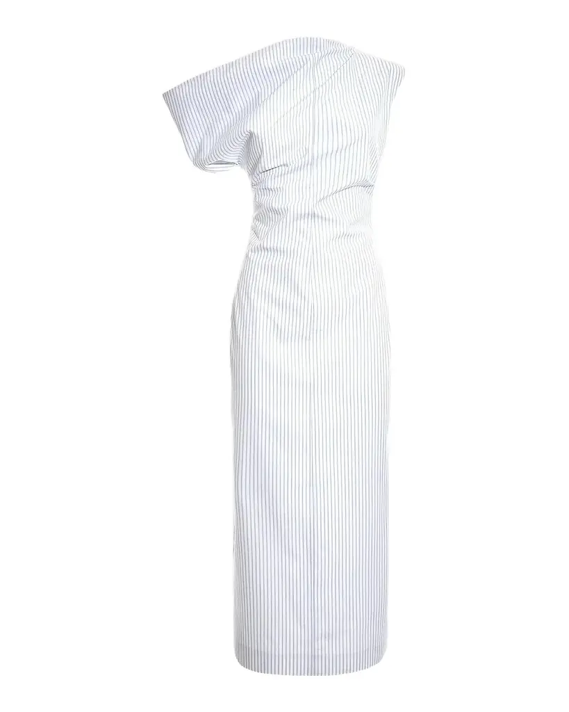 Malo Pinstriped Cotton Off-The-Shoulder Midi-Dress | Image 1 Malo Pinstriped Cotton Off-The-Shoulder Midi-Dress | Image 1