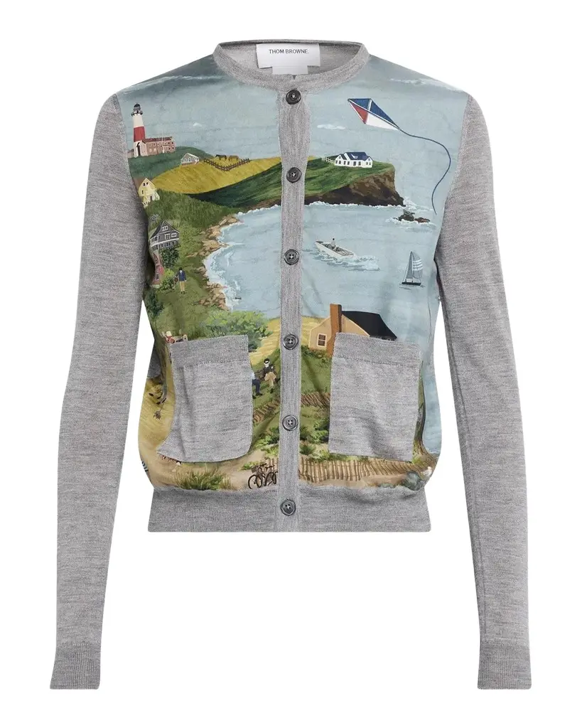 Thom Browne Nantucket Scenic Silk & Cashmere Knit Crewneck Cardigan | Image 1 Thom Browne Nantucket Scenic Silk & Cashmere Knit Crewneck Cardigan | Image 1