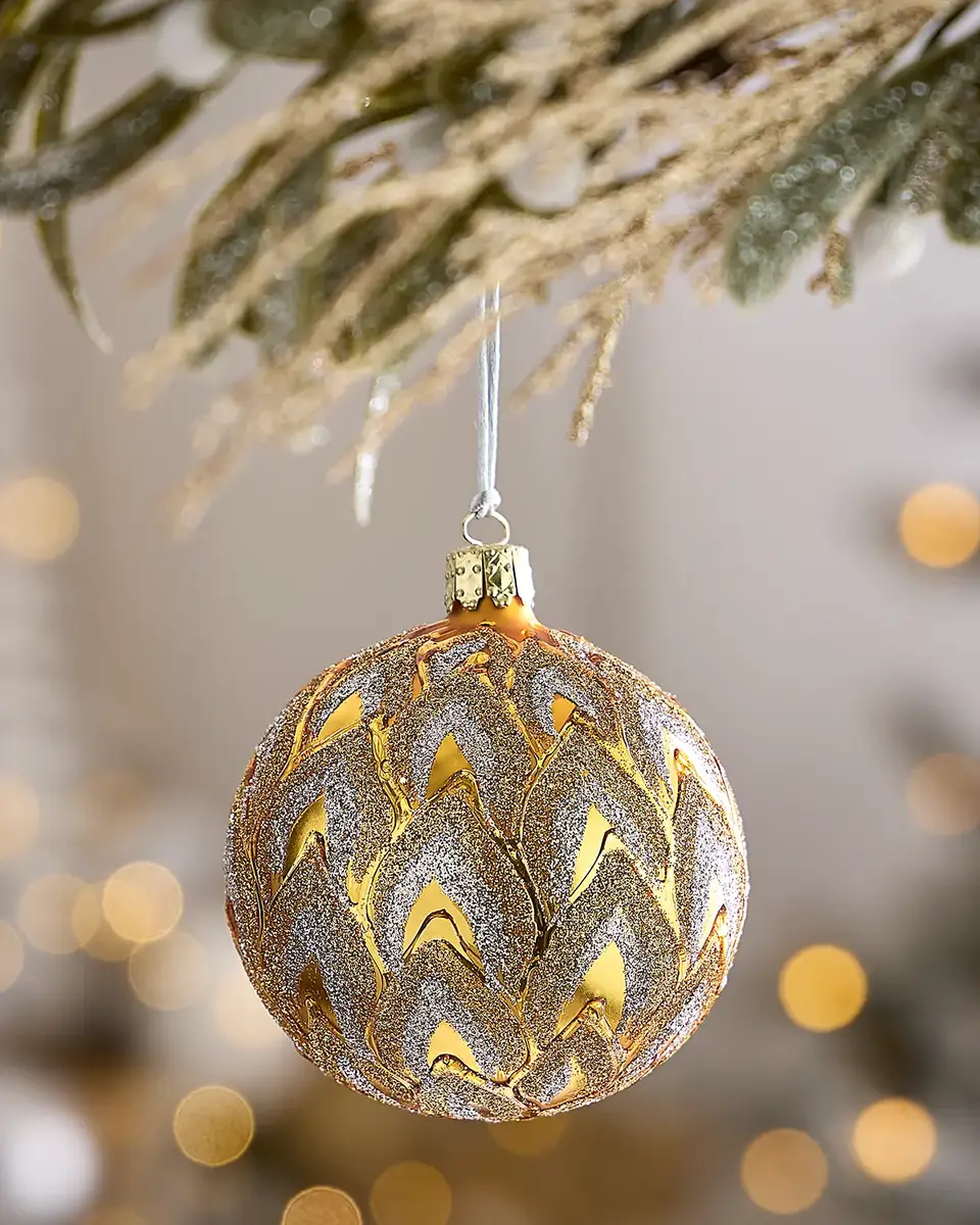 Exclusive Glitter-Embellished Matte Gold Ball Christmas Ornament | Image 1 Exclusive Glitter-Embellished Matte Gold Ball Christmas Ornament | Image 1